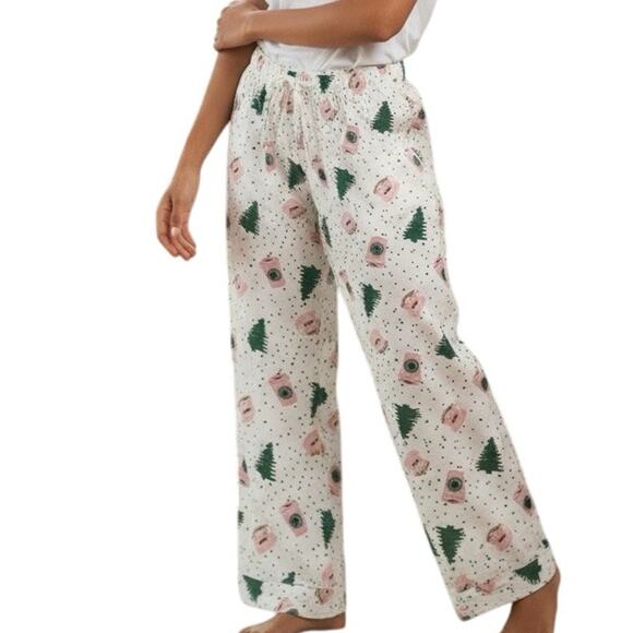 8 Oak Lane Holiday Coffee Print Pajama Pants White Pink Green Trees XS/S - Picture 1 of 7